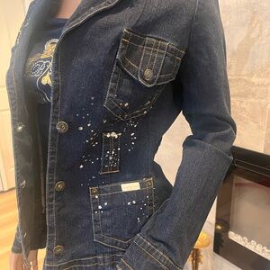 Authentic Baby Phat Y2K Dark Blue Jean Jacket with Gold Accents. Size Large.